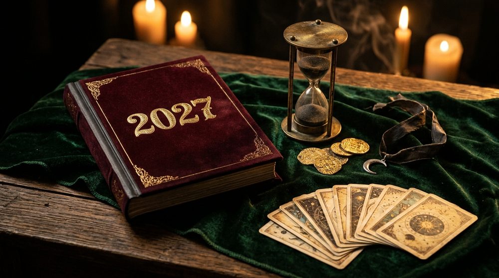 Cuadernillo granate con el número 2027 en oro