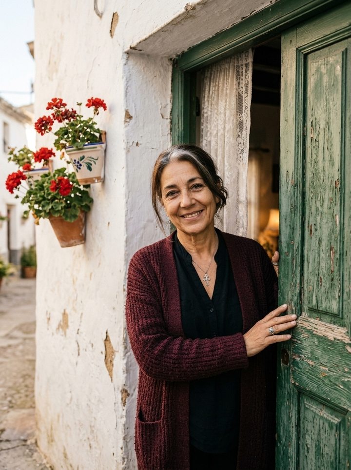 Candela sonriendo en la puerta verde de su casa encalada, con geranios