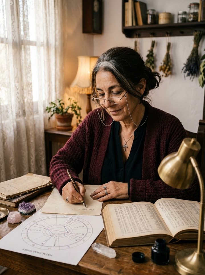 Candela escribiendo a pluma junto a una carta natal