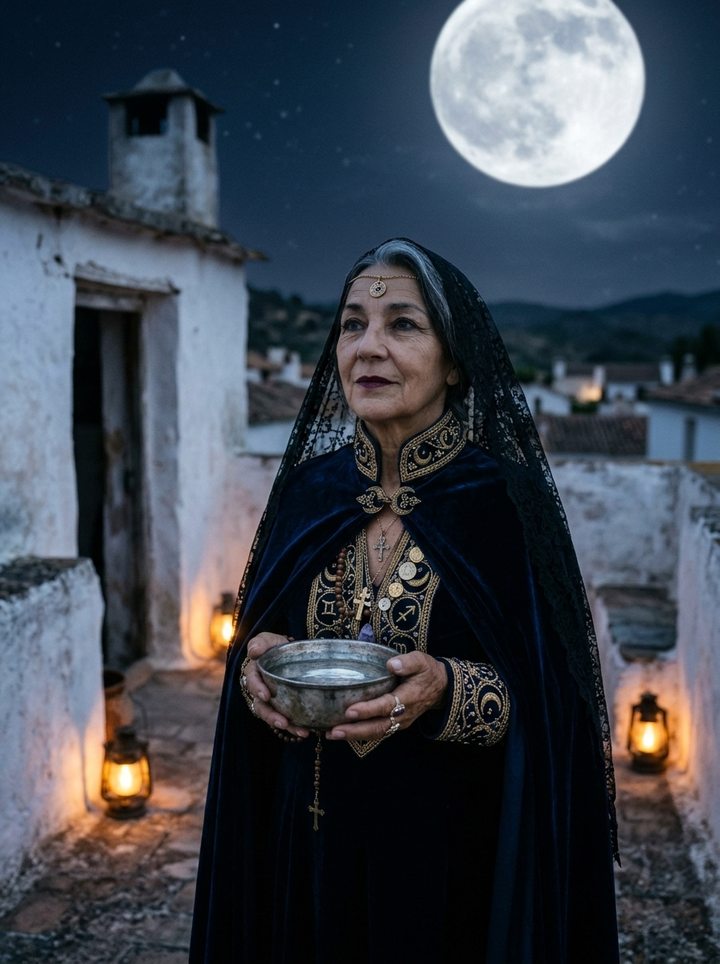 Candela en la azotea bajo la luna llena con un cuenco de agua