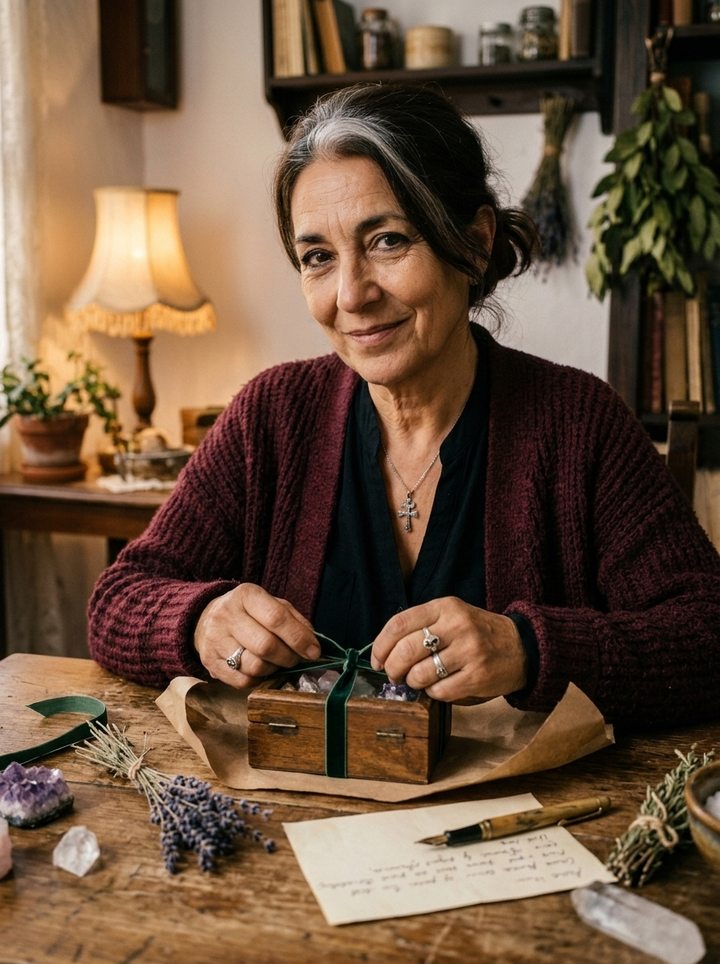 Candela envolviendo una cajita de piedras con lazo de terciopelo