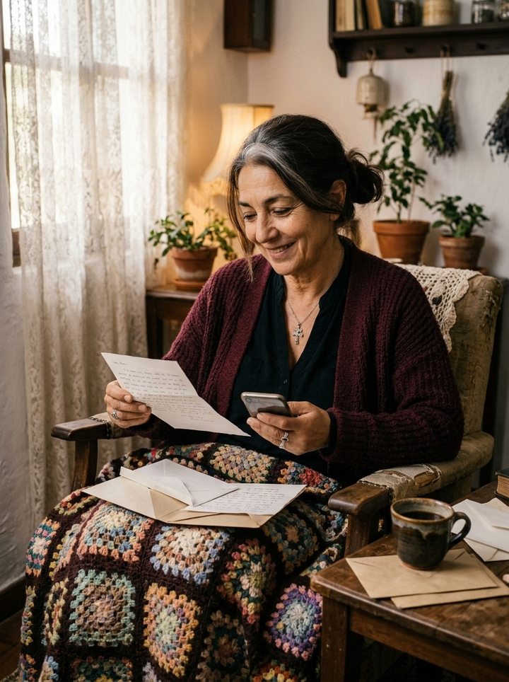 Candela leyendo cartas y mensajes junto a la ventana con un café