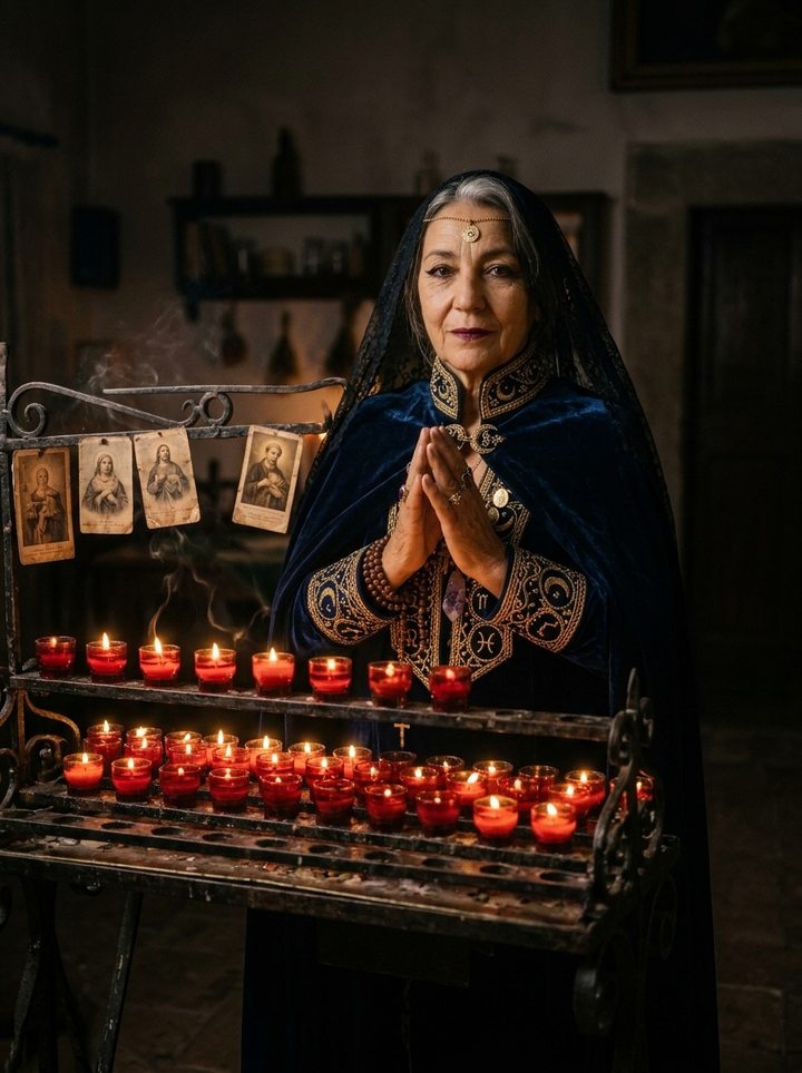 Candela ante un velador de vasos rojos con estampas de santos