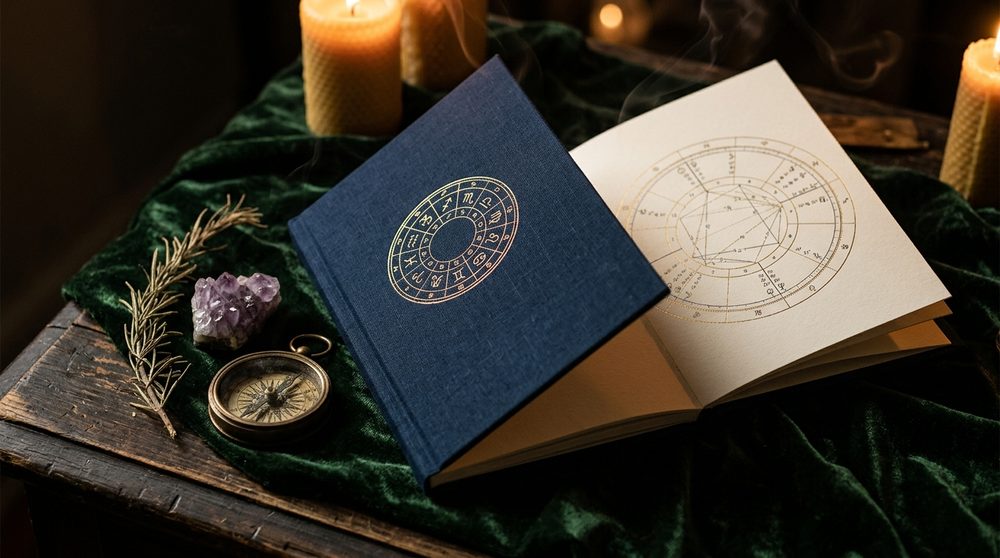 Cuadernillo de carta natal con tapa azul y rueda zodiacal dorada