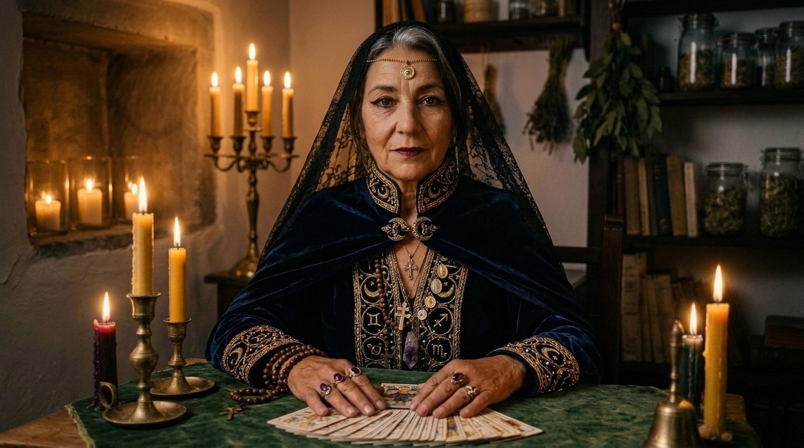 Candela, con mantilla de encaje y túnica de terciopelo bordada en oro, sentada a su mesa de tarot entre velas encendidas