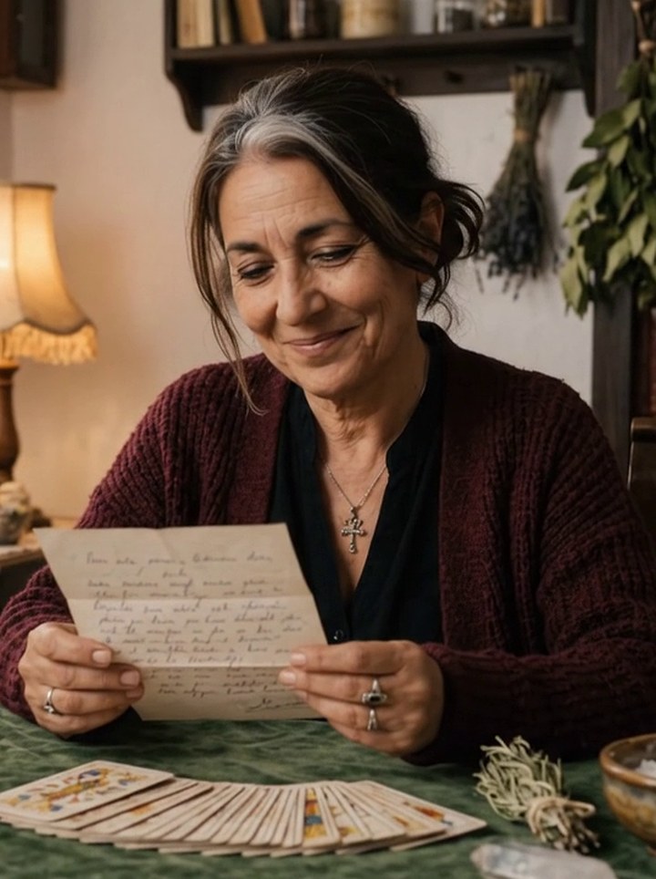 Candela leyendo una carta en su mesa camilla, sonriendo